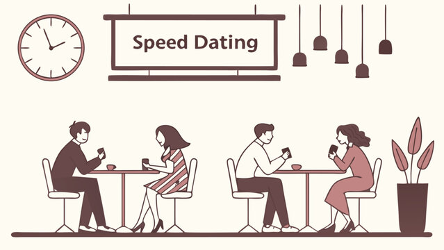 Speed dating event with couples sitting at tables isolated on white background