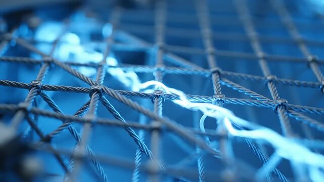 Abstract blue-lit macro shot of a fragile connection point within a secure metal grid system