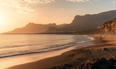 Golden hour sunset over a rocky beach and dramatic coastal mountains
