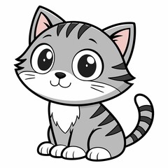 Charming Gray Tabby Cartoon Cat with Big Eyes and a Curled Tail Sitting Comfortably, a Delightful Feline Illustration