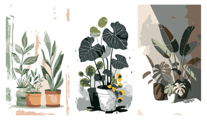 A triptych of abstract botanical wall art. Features potted houseplants and tropical leaves in an interior design setting. Minimalist earth tones with green, terracotta, and beige. Modern home decor