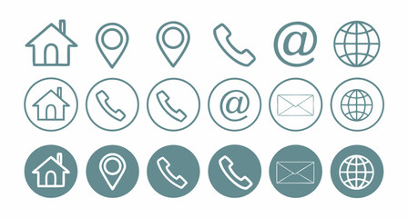 Illustration of contact information icons set, representing communication channels such as address, phone, email, website, and location details 