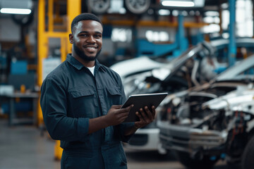 Mechanic with Tablet in Auto Shop
