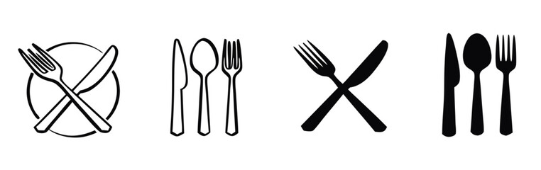 Illustration of various cutlery arrangements, including crossed knife and fork, spoon, knife, and fork combinations, isolated on white background 
