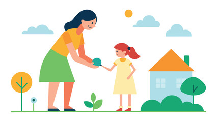 A mother and daughter are gardening together in their backyard, watering plants and enjoying the sunshine isolated on white background