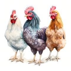 Fototapeta premium The illustration shows three chickens of different breeds standing side by side against a white background.