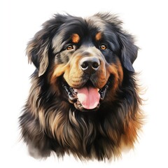The illustration shows a close-up of a Tibetan Mastiff's head and shoulders, its tongue slightly out and dark eyes visible.