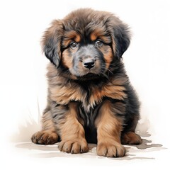 Fototapeta premium The illustration shows a young dog with long, brown and black fur sitting on a white background with light brown watercolor accents.