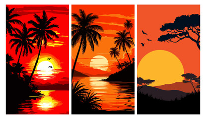A triptych of vibrant sunset wall art. Features tropical palm trees, savanna trees, and the sun reflecting on the ocean or lake. Vector travel poster style in red, orange, and black