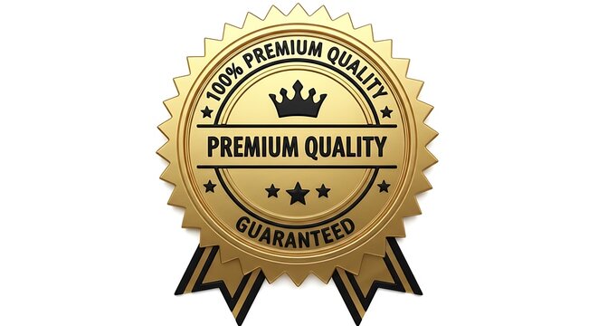 Gold award seal badge with crown stars and ribbon 100 percent premium quality image