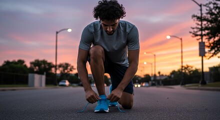 Young man tying shoelace on street at sunset. Runner getting ready for outdoor workout. Health and fitness concept.