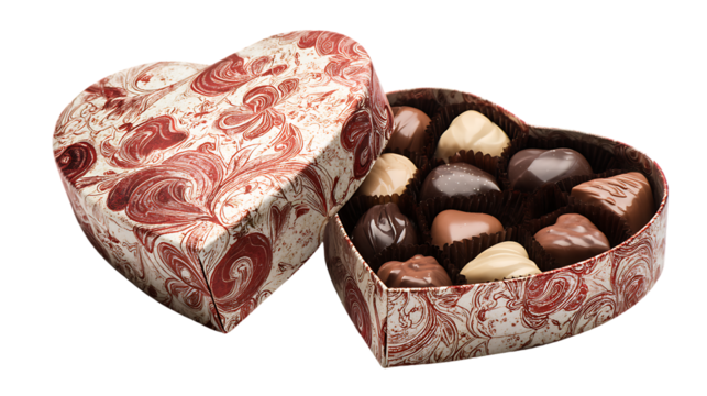 Heart shaped box with chocolates isolated on transparent background
