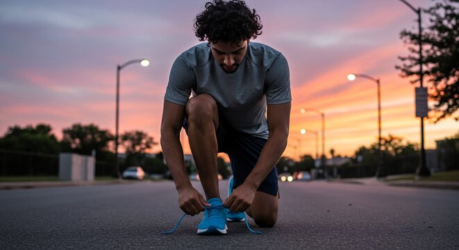 Young man tying shoelace on street at sunset. Runner getting ready for outdoor workout. Health and fitness concept.