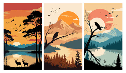 A triptych of minimalist nature wall art. Features mountain, forest, lake landscapes with sunset or sunrise, deer, and birds. Boho travel poster style in earth tones