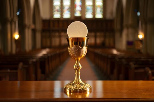 Golden chalice with host on altar inside church with stained glass windows in the background