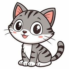 Cartoon Gray Striped Tabby Cat with Big Eyes Adorable and Cute Sitting Down Perfect for Childrens Illustration and Designs