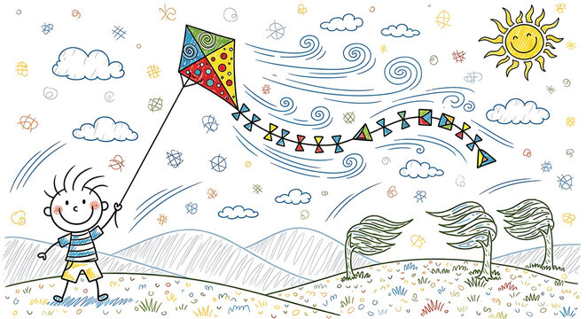 A child flying a colorful kite on a windy day with a smiling sun and clouds in the sky drawing style