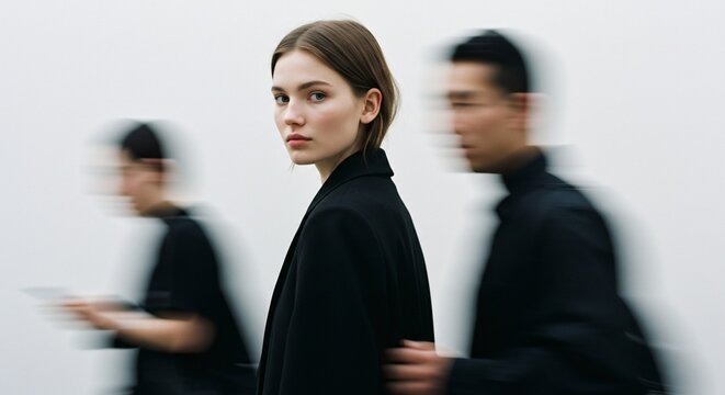 Young model bwoman looking at camera while blurred people pass by her. Concept of standing out in a crowd or being unique.