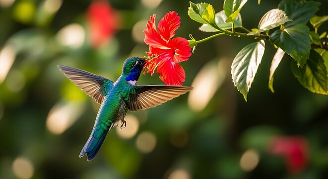 Hummingbird feeding on a bright red tropical flower in lush green foliage - Powered by Adobe