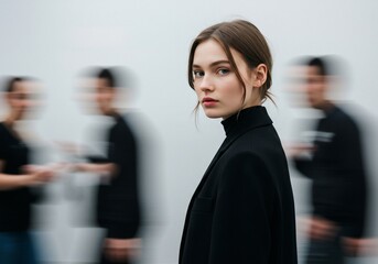 Woman in black blazer looking at camera with blurred people in background. Focus on one person in a crowd concept.