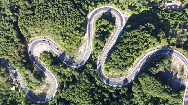 Aerial view of winding asphalt mountain road among green trees in summer. (Domani&ccedil;,İneg&ouml;l dağ yolu)	
