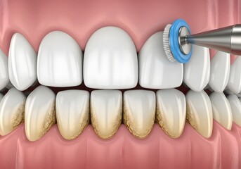 Close up of teeth being cleaned with a dental tool showing before and after cleaning process effect