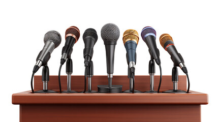 Multiple microphones on a wooden podium isolated on transparent background