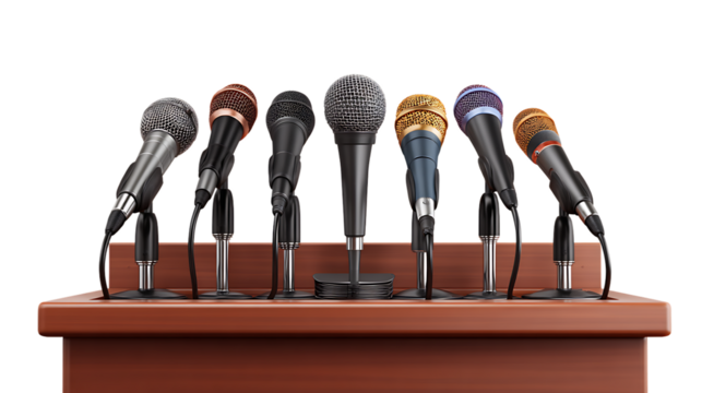 Multiple microphones on a wooden podium isolated on transparent background