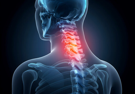 Human Skeleton with Neck Pain Visualization for Medical and Healthcare Purposes Anatomical Representation with Inflammation Highlighting for Educational Resources