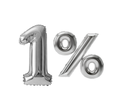 Balão metalizado inflado de um por cento para preços, desconto e promoções, valor de 1% em fundo transparente