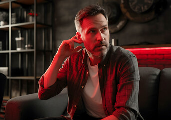 Thoughtful man in casual attire sitting on sofa in ambient red lighting indoor setting looking away in contemplation