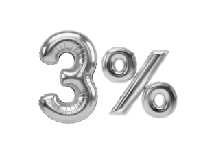 Balão prateado inflado de três por cento para preços, desconto e promoções, valor de 3%
