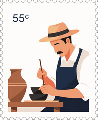 A postage stamp depicting an artisan. A symbol of preserving heritage, disappearing professions, manual labor, and traditional skills in the modern era.