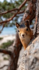 Squirrel curiously peers from behind a tree, its fluffy tail visible against the snowy backdrop, capturing a moment of nature's charm