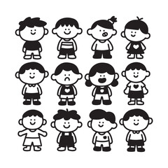  Set of Cute Children Cartoon Sketches with Silhouette on White Background.