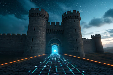 Digitally enhanced medieval castle with glowing blue gate and circuit-like pathway — symbolizing the fusion of ancient architecture and futuristic technology.generative ai