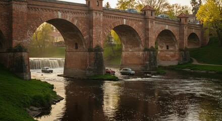 Fototapeta premium Brick arched bridge over river with cars at base and waterfall