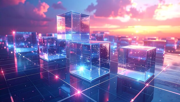 Digital cityscape of glowing glass cubes - Powered by Adobe
