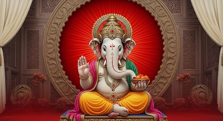 Obraz premium Ornate ganesha statue seated in prayer with vibrant red backdrop and golden headdress