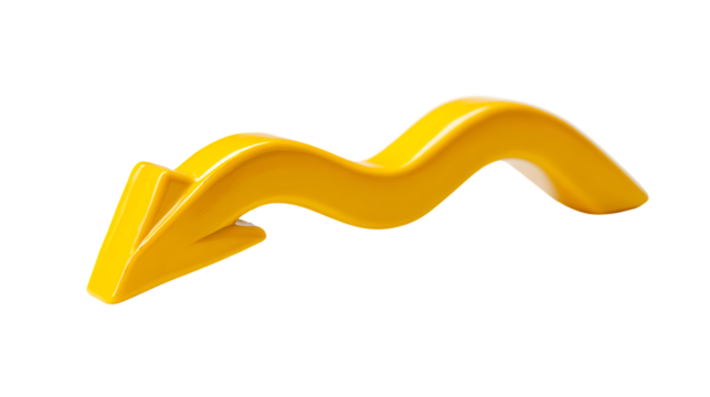 Yellow wavy arrow pointing left isolated on transparent background