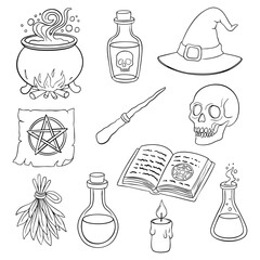 Line art Halloween illustration set with witch cauldron, potions, spell book, broom, herbs, witch hat and other. Outline style perfect for coloring pages, spooky design, witchcraft themes