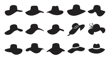 Silhouette collection of various hats, isolated on white background.