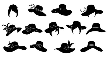 Collection of black silhouette hats with various decorations.