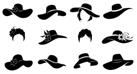 Collection of black silhouette hats with wide brims and floral decorations.