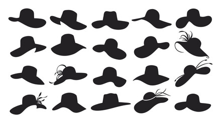 Silhouette collection of elegant women's hats with wide brims, a variety of styles and decorations.