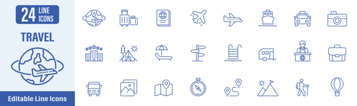 Travel web icons in line style. Contains icons as travel, tourism, vacation, transport, pasport, hotel, locations, holiday and more. Vector illustration.