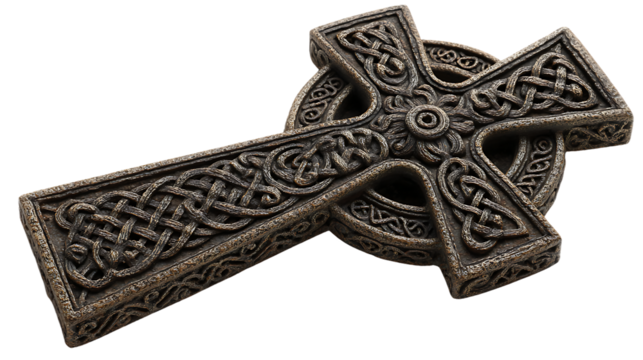Ornate celtic cross with intricate knotwork isolated on transparent background