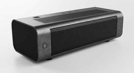 Fototapeta premium A dark textured speaker sits on a white surface