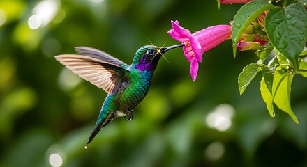 Naklejka premium Hummingbird feeding on a vibrant pink flower in lush green foliage