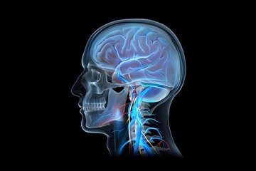 Human head anatomy with brain and blood vessels shown in transparent x ray view on black background